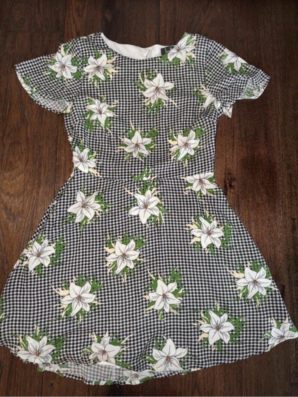 Lulu's Black Gingham Dress with White Floral Print